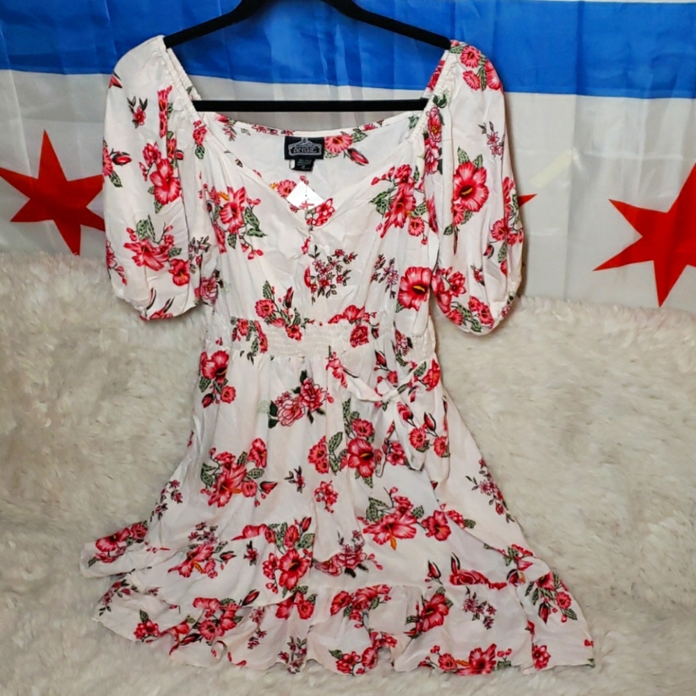 Angie White Pink Hibiscus Hawaii Summer Floral Dress Medium